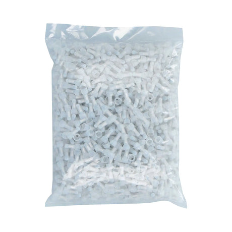 Reverse side of a clear bag filled with white crimp caps