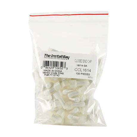 Bag of white Install Bay CCL1614 closed-end crimp caps labeled 16–14 gauge and 100 pieces