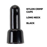 Black long-neck crimp cap with the caption Nylon Crimp Caps, Long Neck, Black