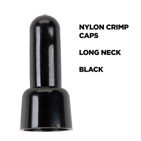 Black long-neck crimp cap with the caption Nylon Crimp Caps, Long Neck, Black