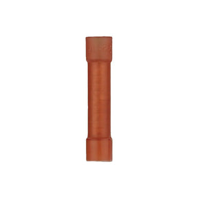 Straight-on view of a single red insulated butt connector