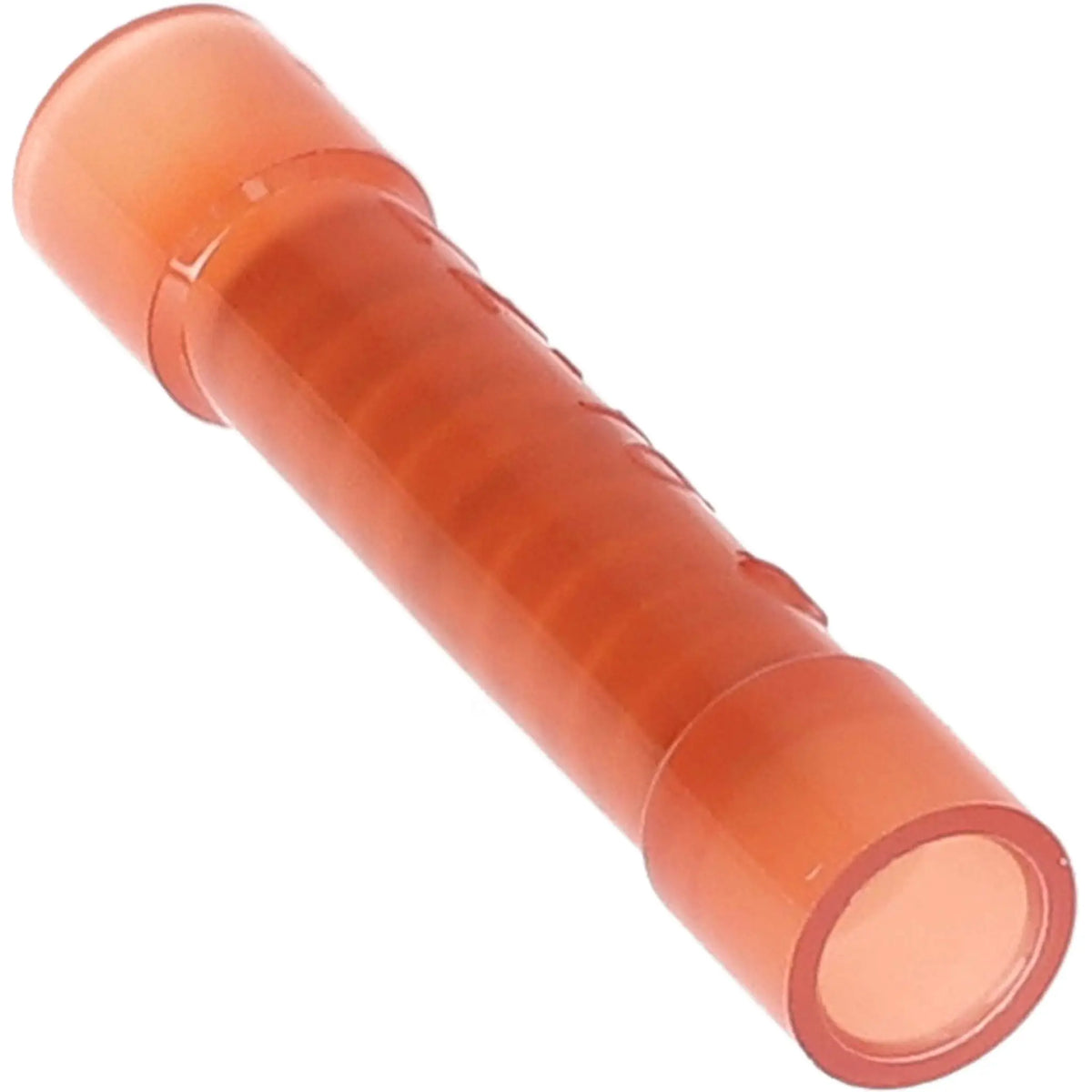 Close-up of a single red insulated butt connector, showing its open barrel