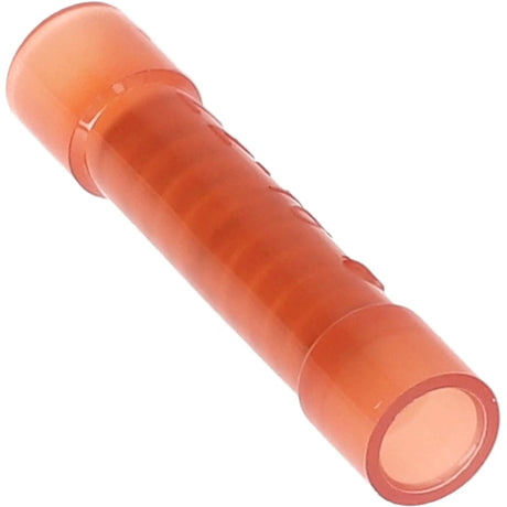 Close-up of a single red insulated butt connector, showing its open barrel