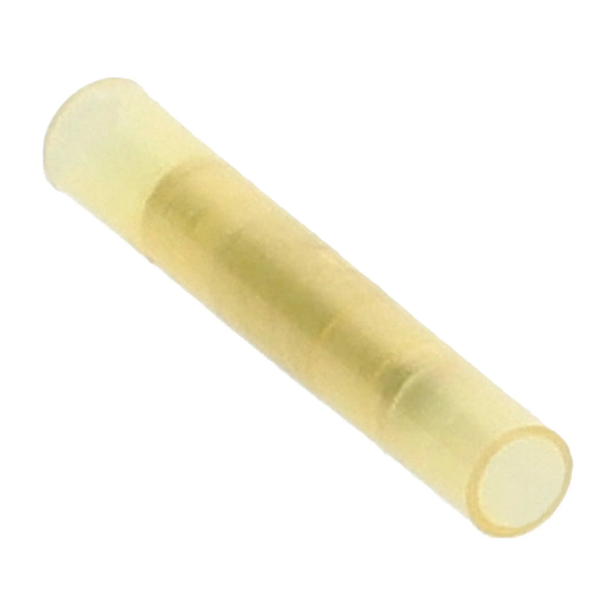 Close-up of a translucent yellow insulated butt connector