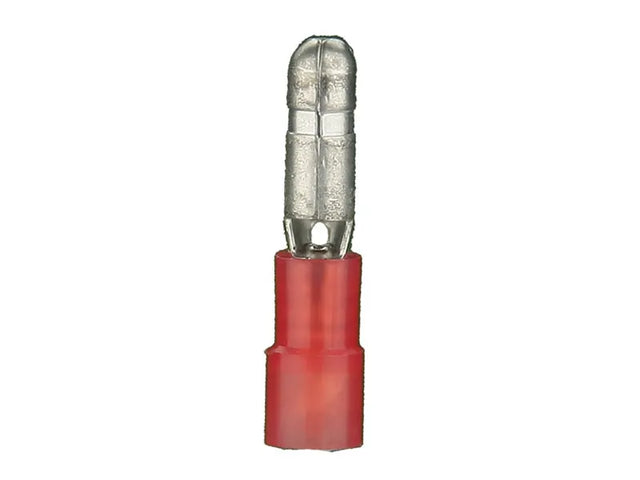 Red insulated male bullet connector with its rounded metal contact exposed