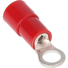 Red insulated ring terminal with its circular opening facing forward