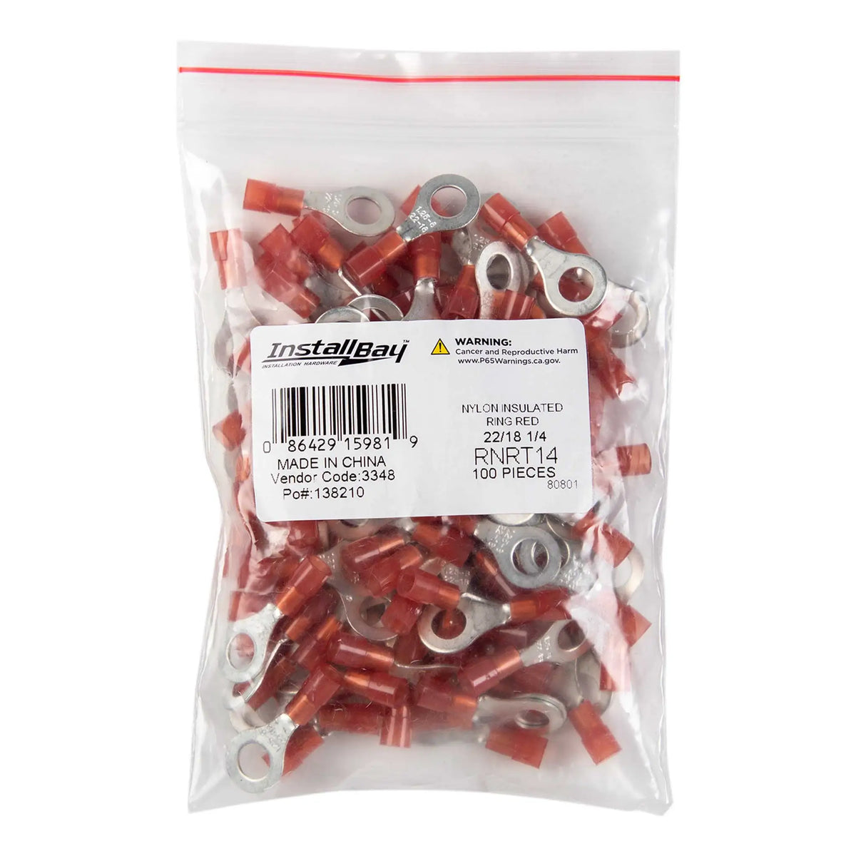 Install Bay RNRT14 Red Nylon Ring Terminals, 22-18 AWG, 1/4 in, 100 Pack