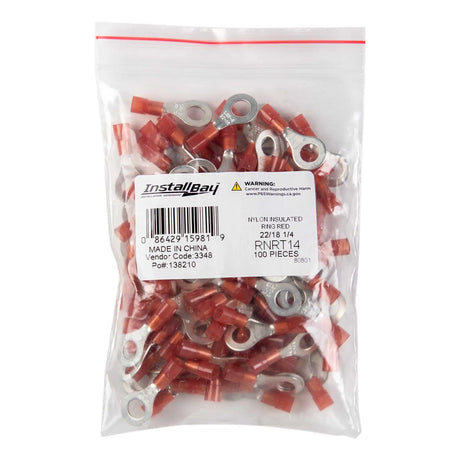 Install Bay RNRT14 Red Nylon Ring Terminals, 22-18 AWG, 1/4 in, 100 Pack