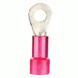 Front view of a red insulated ring terminal with a round metal eyelet