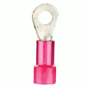 Front view of a red insulated ring terminal with a round metal eyelet