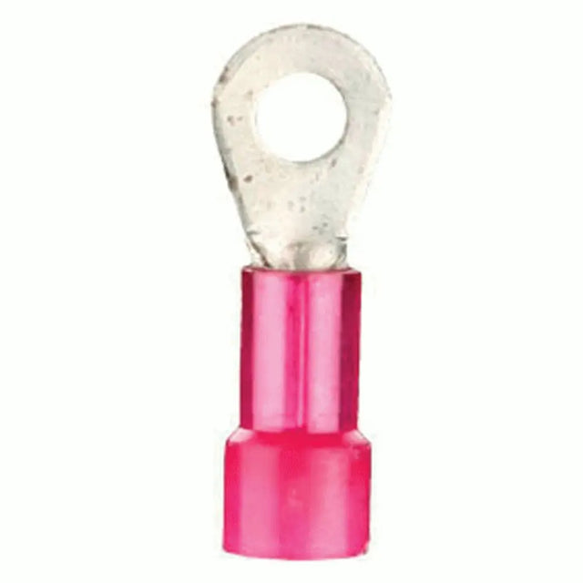 Front view of a red insulated ring terminal with a round metal eyelet