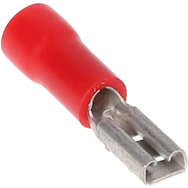 Angled close-up of a red insulated female quick-disconnect terminal
