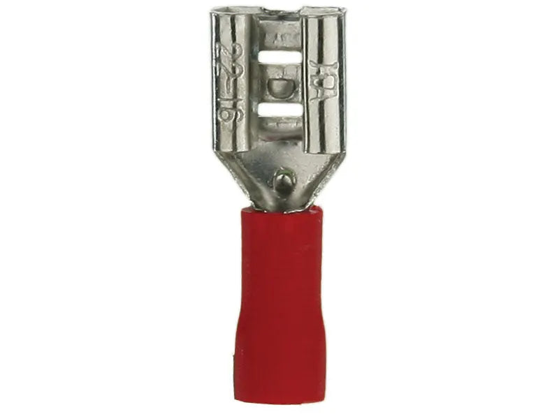 Front view of a red insulated female quick-disconnect terminal