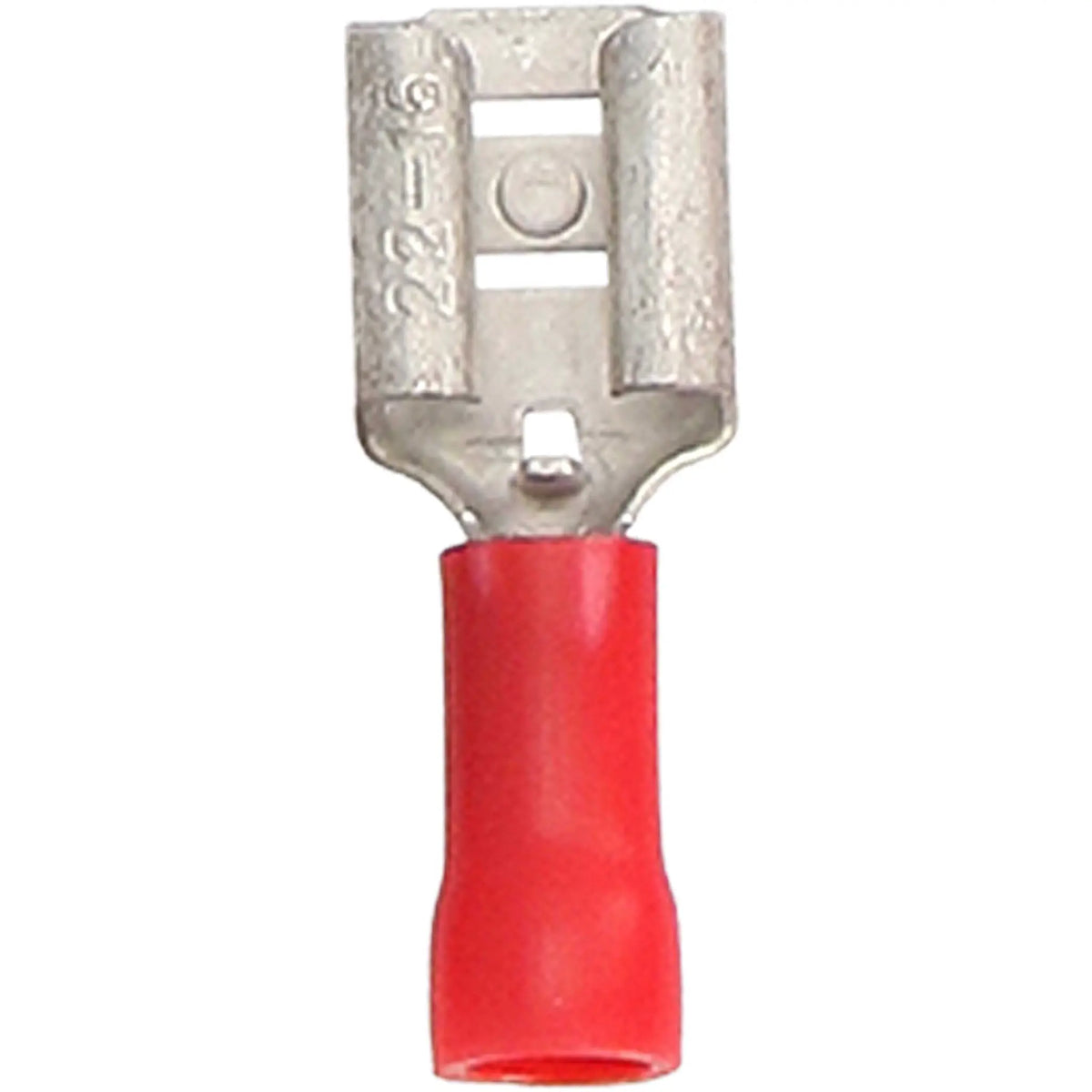 Front view of a red insulated female quick-disconnect terminal with its metal contact opening exposed