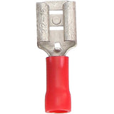 Front view of a red insulated female quick-disconnect terminal with its metal contact opening exposed
