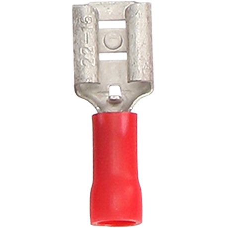 Front view of a red insulated female quick-disconnect terminal with its metal contact opening exposed