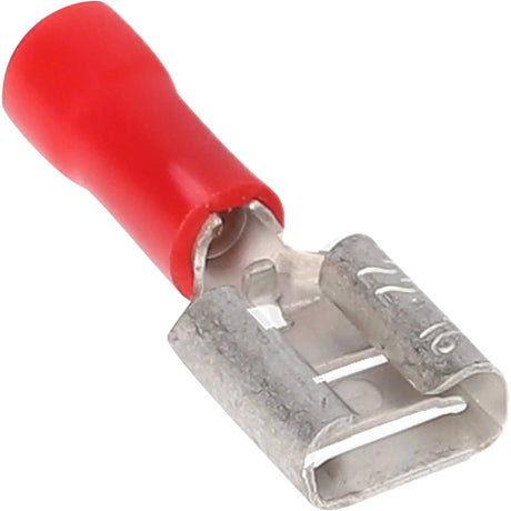 Angled close-up of a red insulated female quick-disconnect terminal