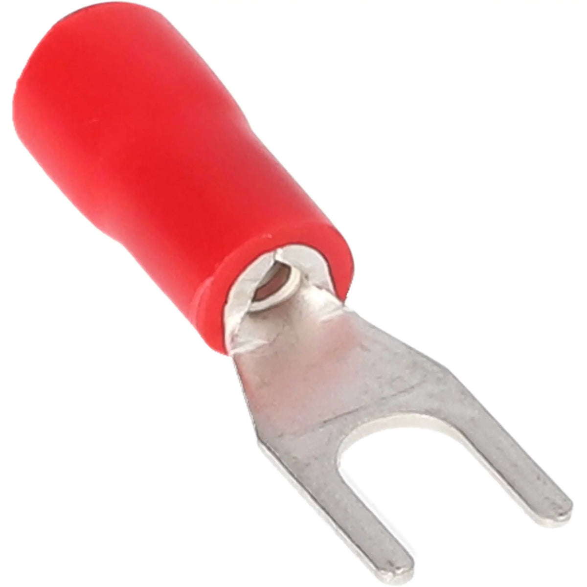 Close-up of a red-insulated metal spade terminal with a forked end