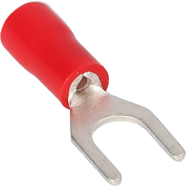 Angled close-up of a red insulated fork terminal