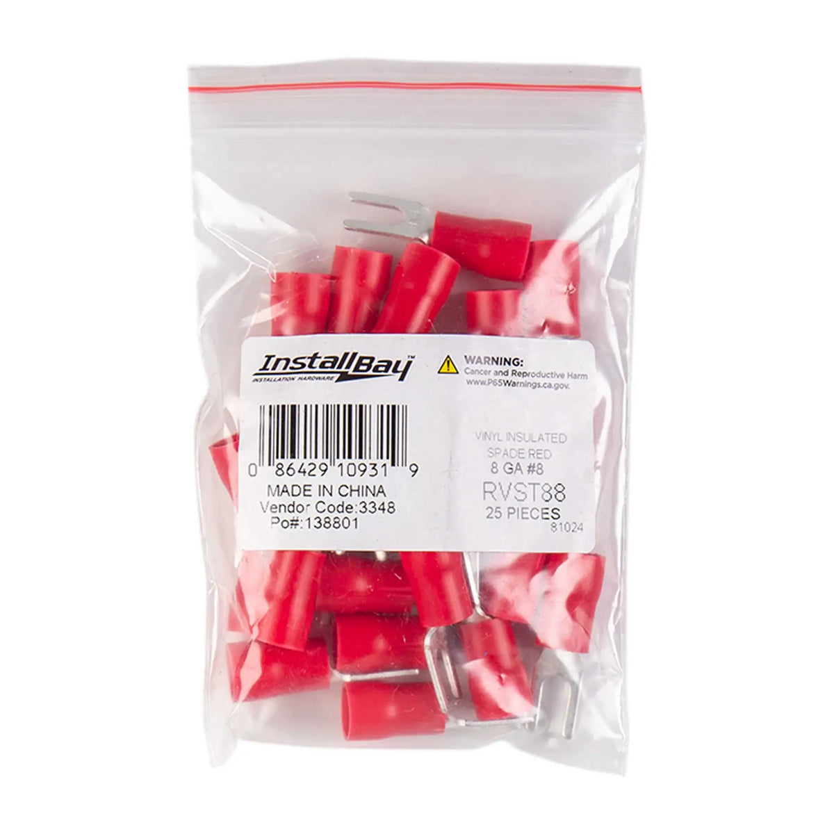 Install Bay RVST88 Red 8 AWG #8 Vinyl Spade Terminals – 25 Pack