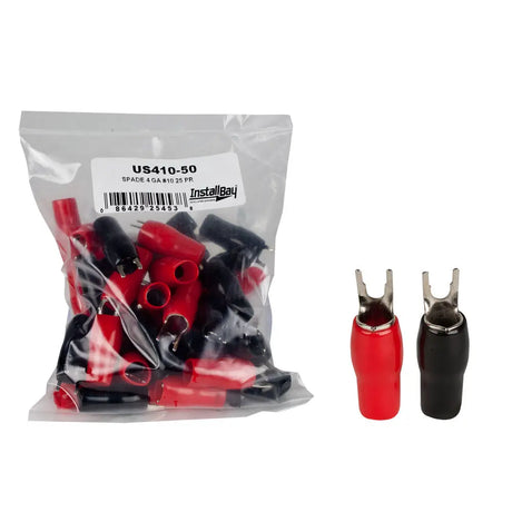 Install Bay US410-50 package with red and black spade terminals and a label specifying 4 GA, number 10 and 25 pairs