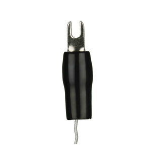 Black-insulated barrier spade terminal shown upright with a short exposed wire tail