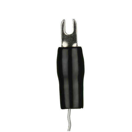 Black-insulated barrier spade terminal shown upright with a short exposed wire tail