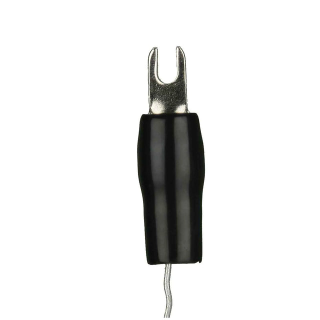 Black-insulated barrier spade terminal shown upright with a short exposed wire tail