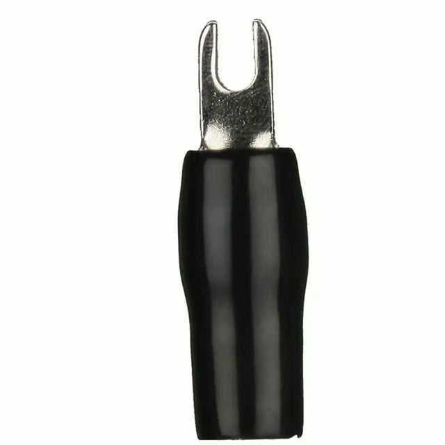 Single black-insulated barrier spade terminal with a forked metal tip