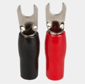 Pair of metal fork terminals with red and black insulated barrels
