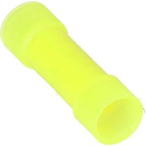 Angled close-up of a yellow insulated butt connector with an open barrel