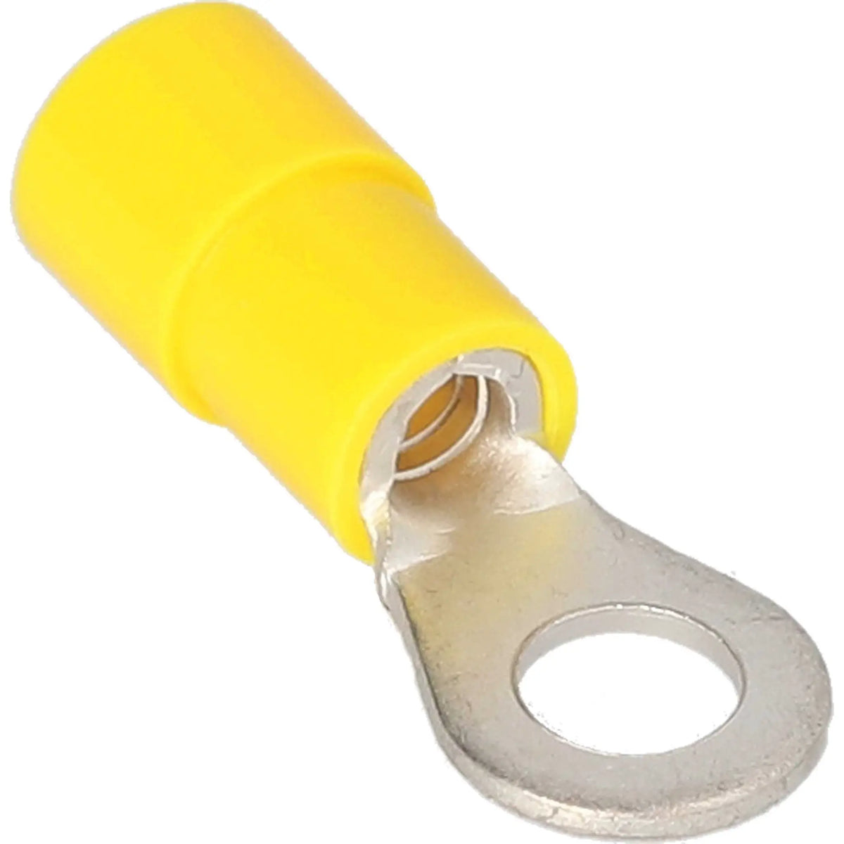 Angled close-up of a yellow-insulated ring terminal