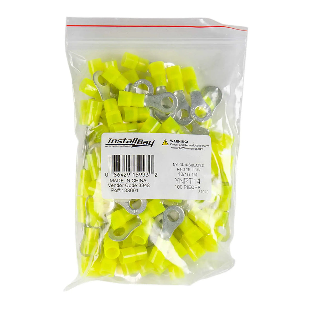 Install Bay YNRT14 Yellow Nylon Ring Terminals, 12-10 AWG, 1/4 in, 100 Pack