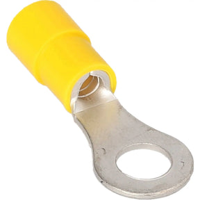 Angled close-up of a yellow insulated ring terminal showing the barrel opening