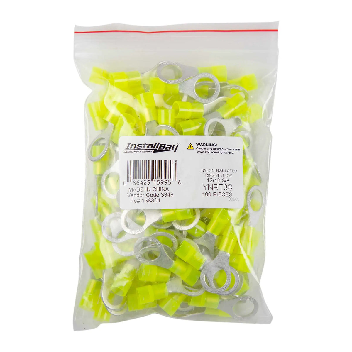 Install Bay YNRT38 Yellow Nylon Ring Terminals, 12-10 AWG, 3/8 in, 100 Pack