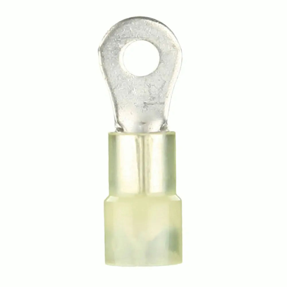 Front view of a yellow insulated ring terminal with its circular mounting hole