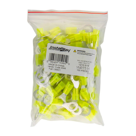 Install Bay YNRT516 Yellow Nylon Ring Terminals, 12-10 AWG, 5/16 in, 100 Pack