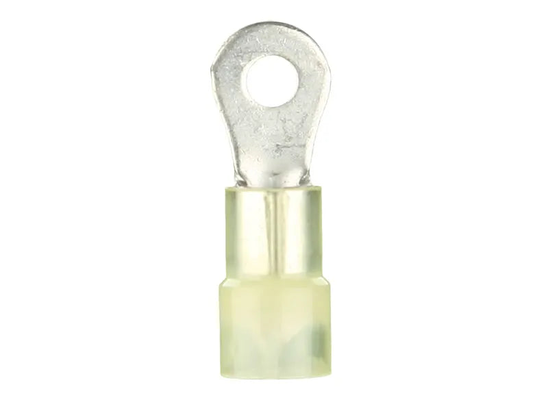 Front view of a yellow insulated ring terminal