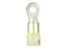 Front view of a yellow insulated ring terminal