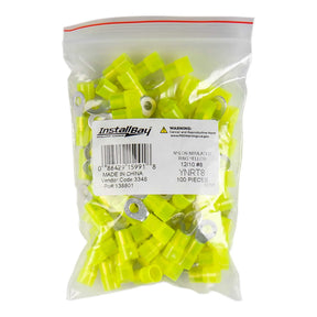 Install Bay YNRT8 Yellow Nylon Ring Terminals, 12-10 AWG, #8, 100 Pack