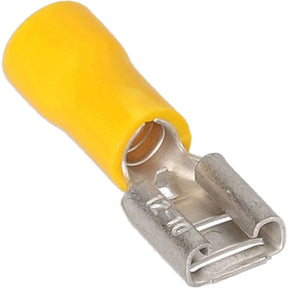 Angled close-up of a yellow insulated female quick-disconnect terminal