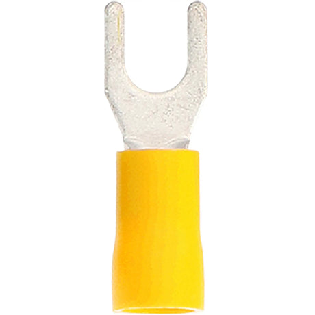 Front view of a yellow insulated spade terminal