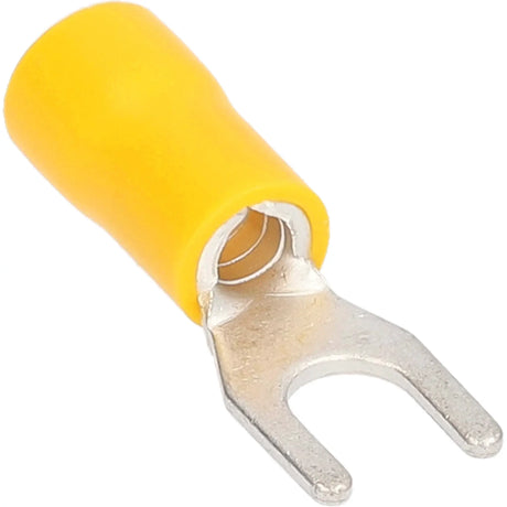 Close-up of a yellow-insulated metal spade terminal with a forked end