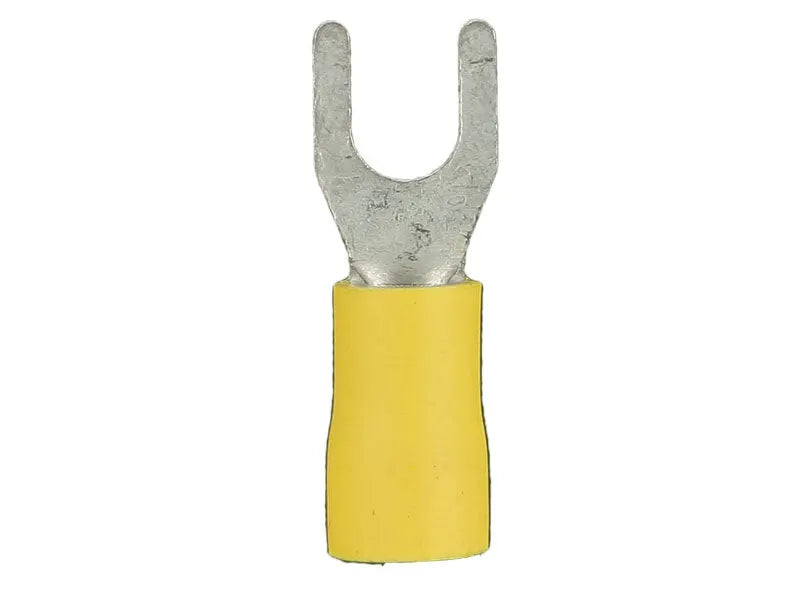 Yellow insulated spade terminal shown upright against a white background
