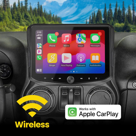 Installed Stinger touchscreen showing Apple CarPlay apps in a wireless CarPlay graphic