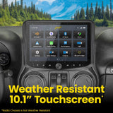 Stinger graphic advertising a weather-resistant 10.1-inch touchscreen, excluding the radio chassis