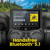 Installed Stinger touchscreen showing music playback with a hands-free Bluetooth 5.1 callout
