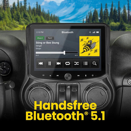 Installed Stinger touchscreen showing music playback with a hands-free Bluetooth 5.1 callout