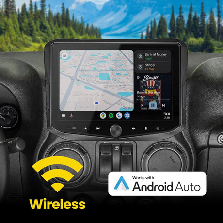 Installed Stinger touchscreen showing maps and music in a wireless Android Auto graphic