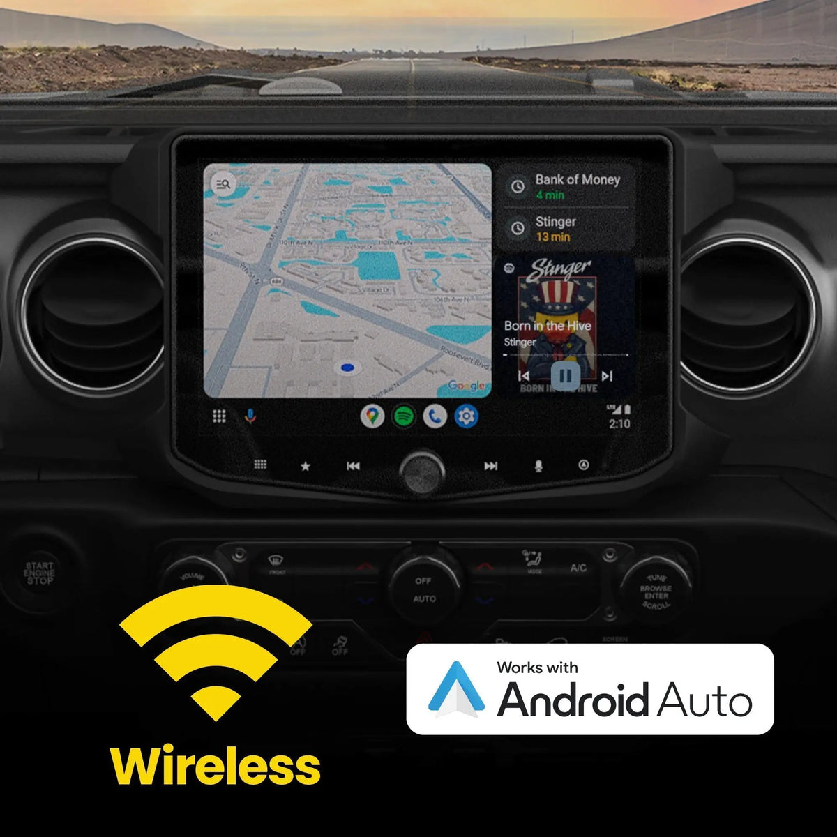 Installed Stinger touchscreen showing Android Auto navigation and music with a wireless compatibility callout